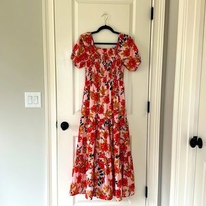 Coral & Pink Tropical Floral Short Sleeve Maxi Dress